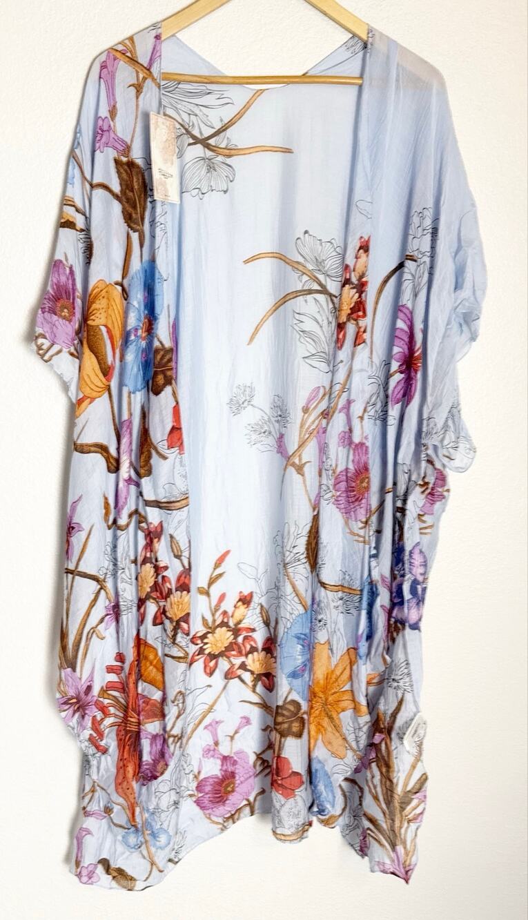 Macchia di Ruggine Blue Floral Print Flowy Open Boho Duster Kimono One Size